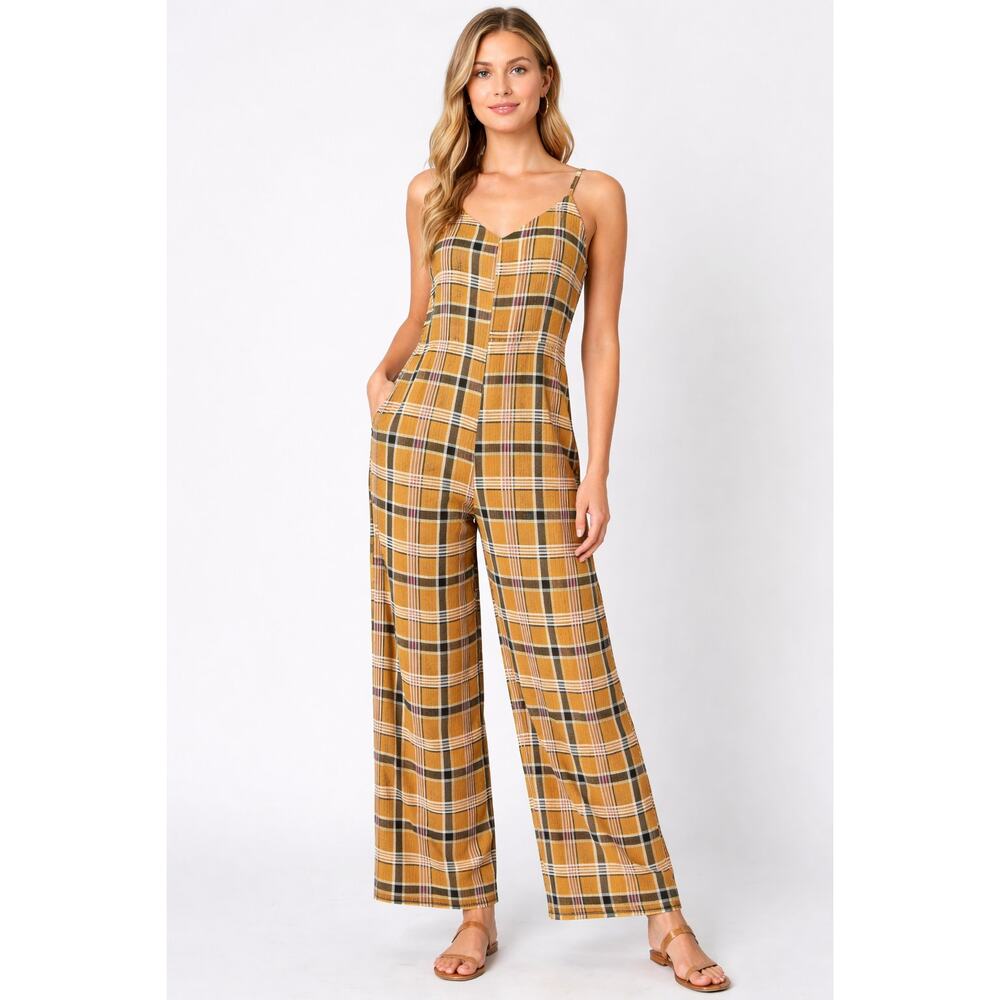 Easel Plaid Wide Leg Jumpsuit Mustard Green Stretch Retro 70s Boho S